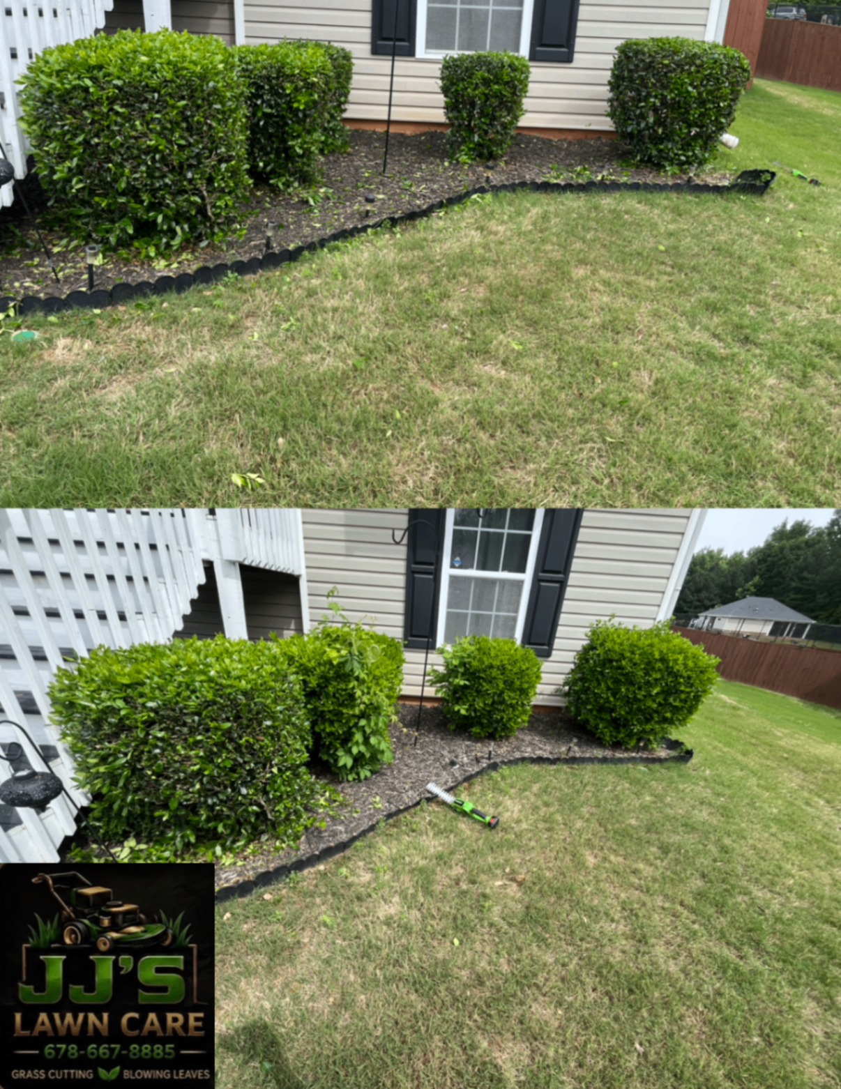 Before and after lawn care photos showing trimmed shrubs and cleaned bed lines