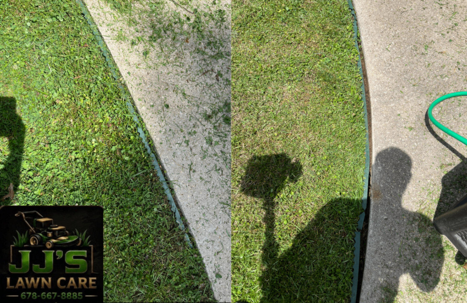 Close-up before and after lawn care photos showing sharp finished edging along concrete