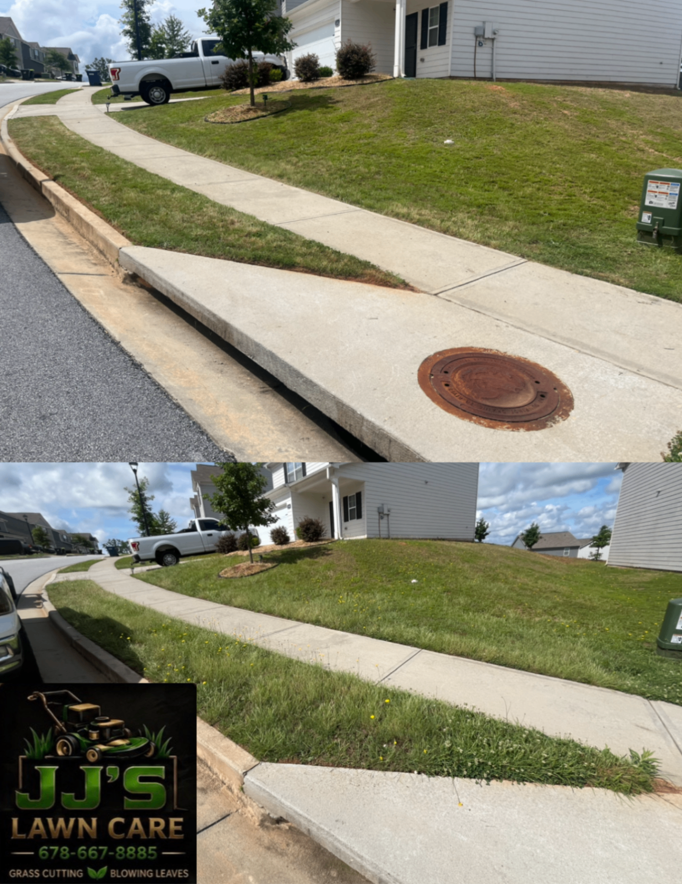 Before and after lawn care photos of a sloped front yard after mowing and cleanup