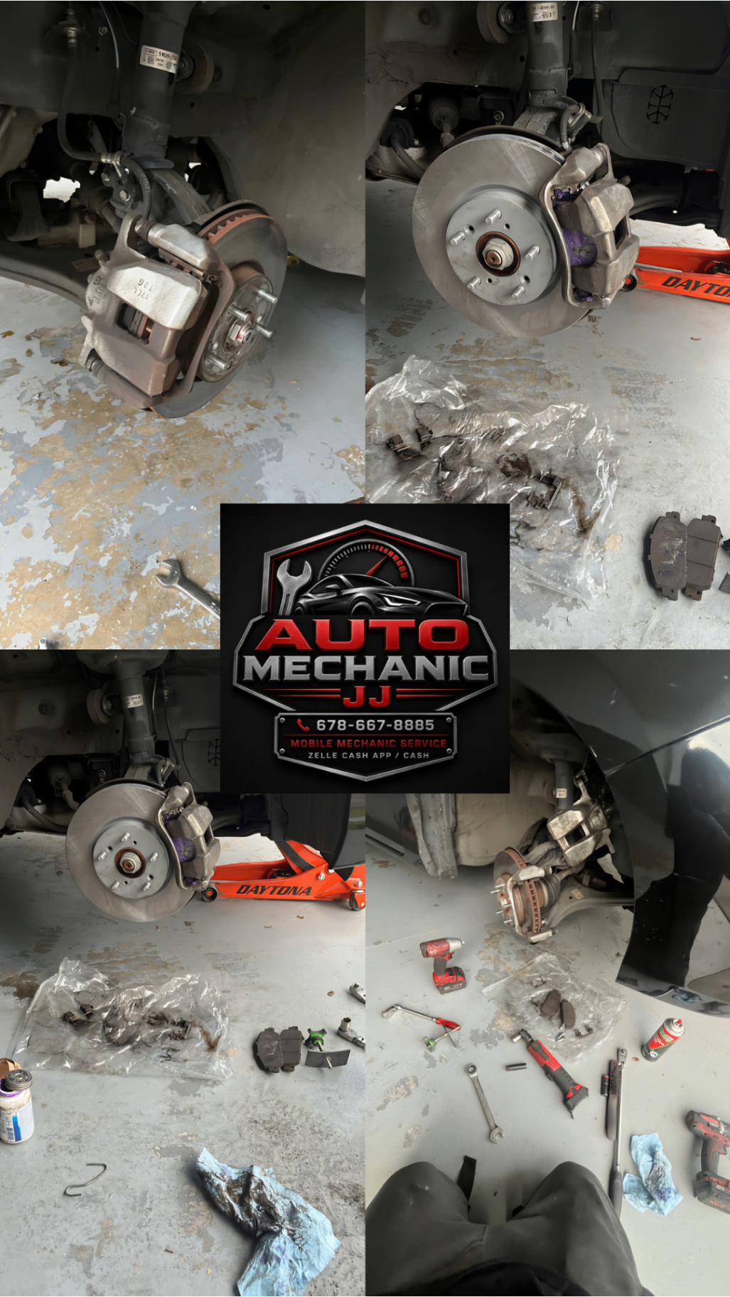Collage of JJ's Mobile Mechanic brake rotor and caliper replacement work